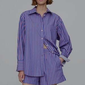 Striped Blue and White Button-Up Shirt and Shorts Set